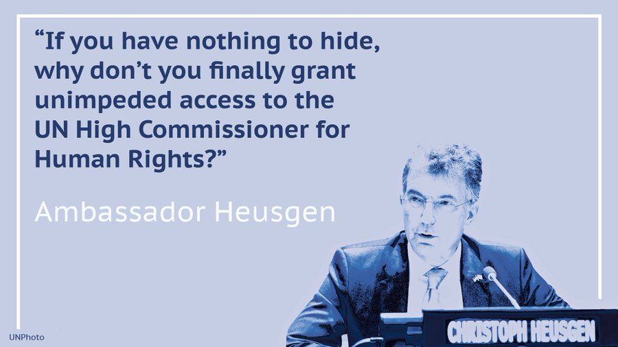 德國駐聯合國大使赫斯根(Christoph Heusgen)呼籲中國， 允許聯合國官員訪問新疆。(推特)