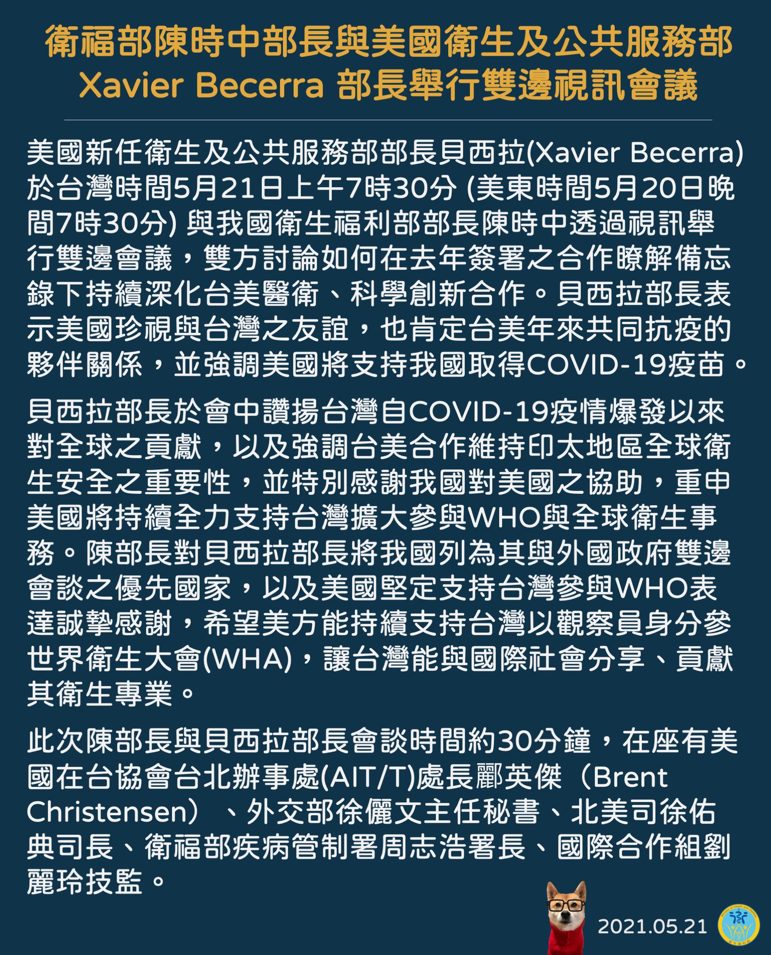 衛生福利部長陳時中21日上午和美國新任衛生及公共服務部長貝西拉(Xavier Becerra)舉行雙邊視訊會議。(圖:衛福部臉書)