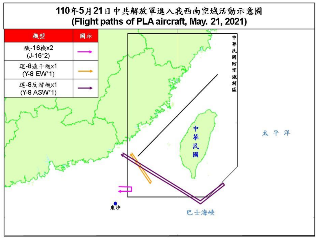 空軍21日發布的共機動態，2架殲16、1架運8遠干機、1架運8反潛機計4架中共軍機侵擾台灣西南防空識別區。(圖：國防部)