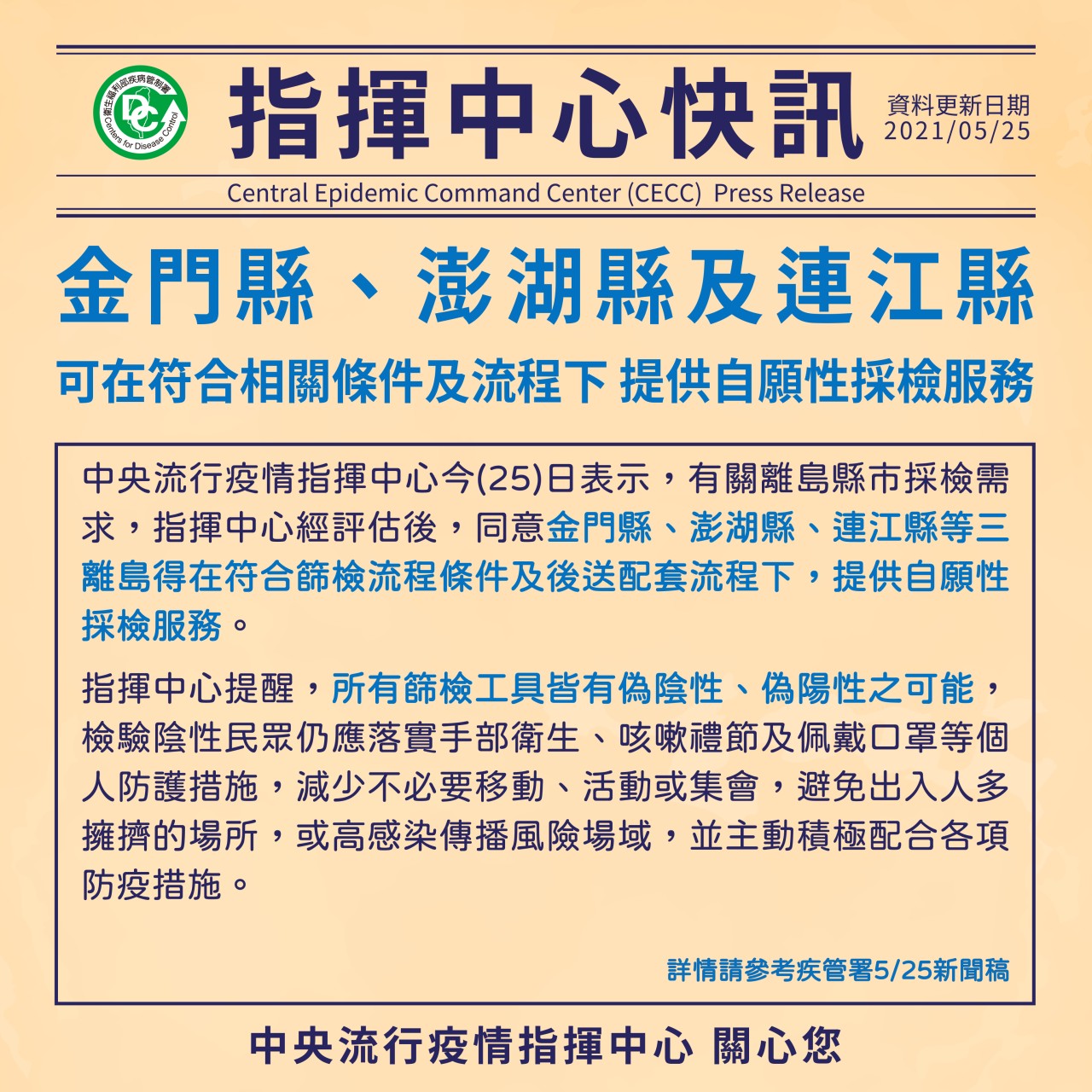 指揮中心經評估後，同意金門縣、澎湖縣、連江縣等三離島可在符合篩檢流程條件及後送配套流程下，提供自願性採檢服務，但非強制性措施。(圖：疾管家)
