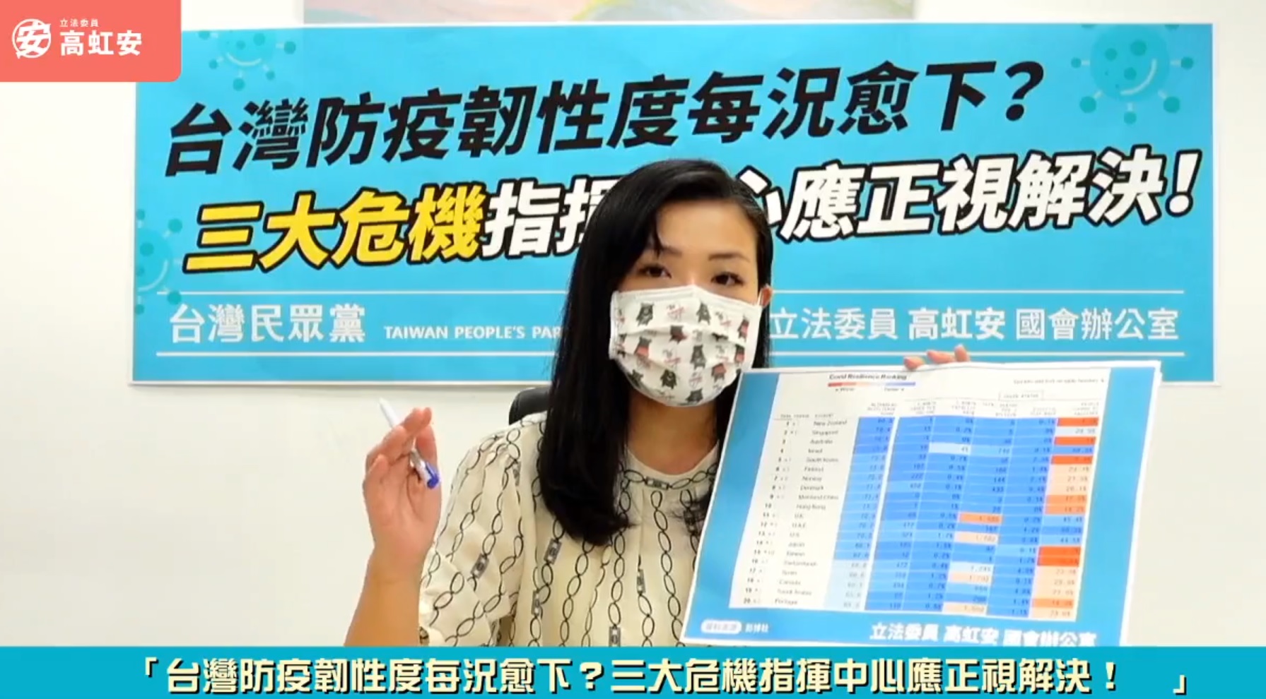 民眾黨立委高虹安呼籲中央盡速解決疫苗施打率低、PCR檢驗大塞車等問題。(高虹安臉書直播畫面)