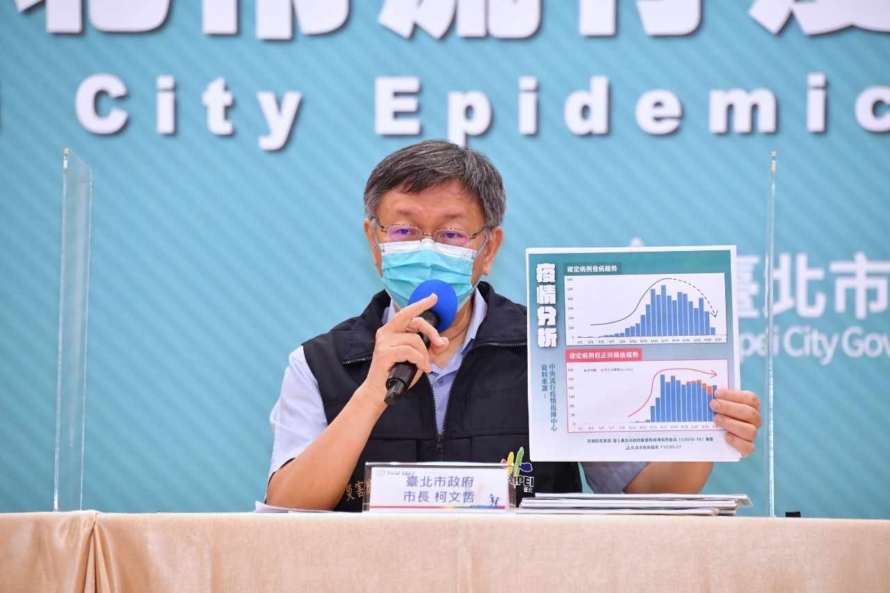 台北市長柯文哲分析確診數持平，2週後應可看出嚴格管制的效果。(北市府提供)