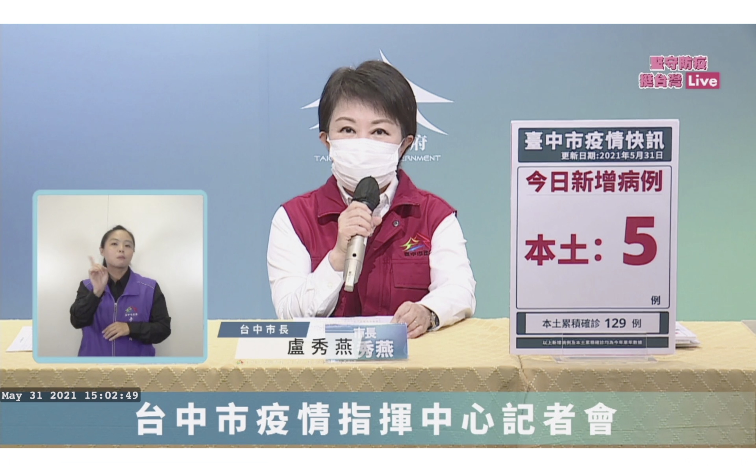 台中市31日新增5個COVID-19本土病例，市長盧秀燕呼籲中央，6月份務必讓全民施打疫苗。(盧秀燕臉書)