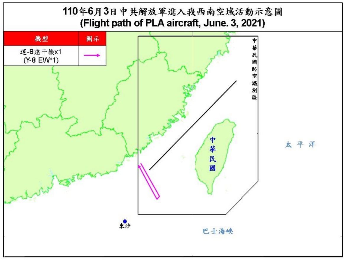 空軍3日發布共機最新動態，一架運8遠干機上午侵擾台灣西南防空識別區。(圖：國防部)