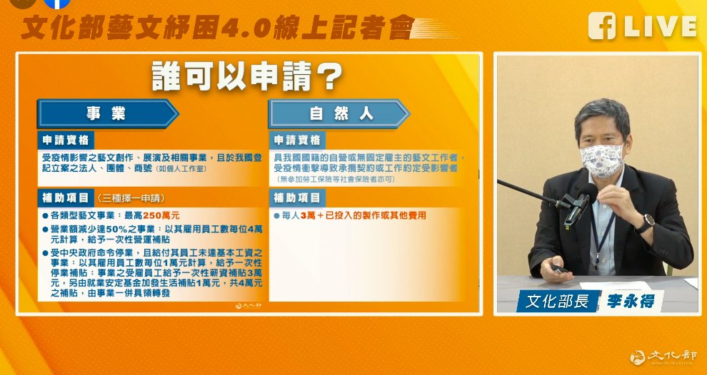 文化部長李永得說明藝文紓困方案內容。(圖擷自文化部記者會直播)