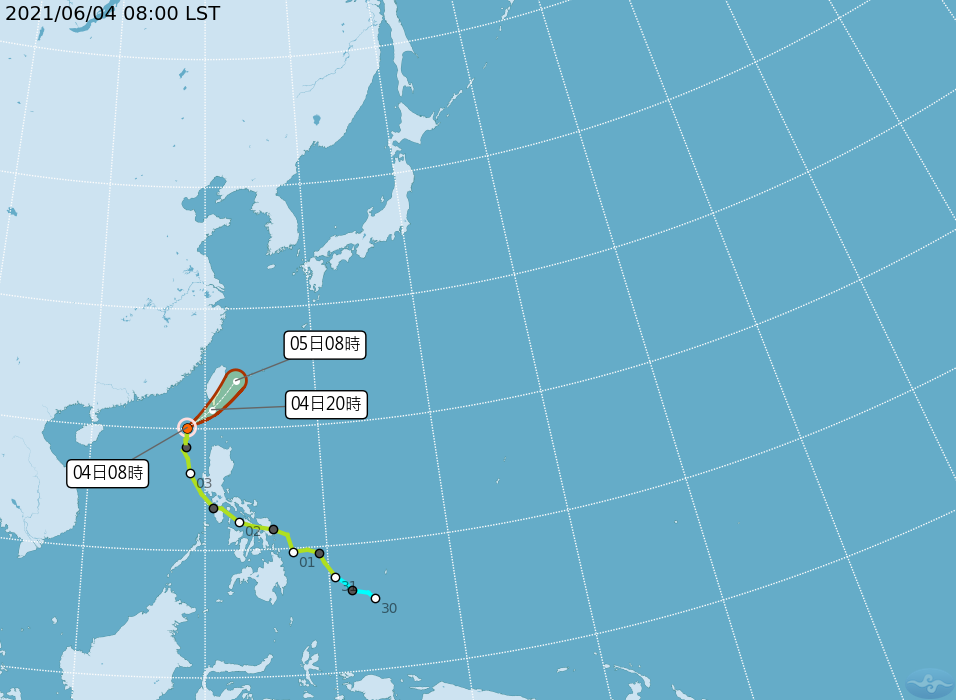 彩雲颱風路徑潛勢預報圖。(中央氣象局提供)