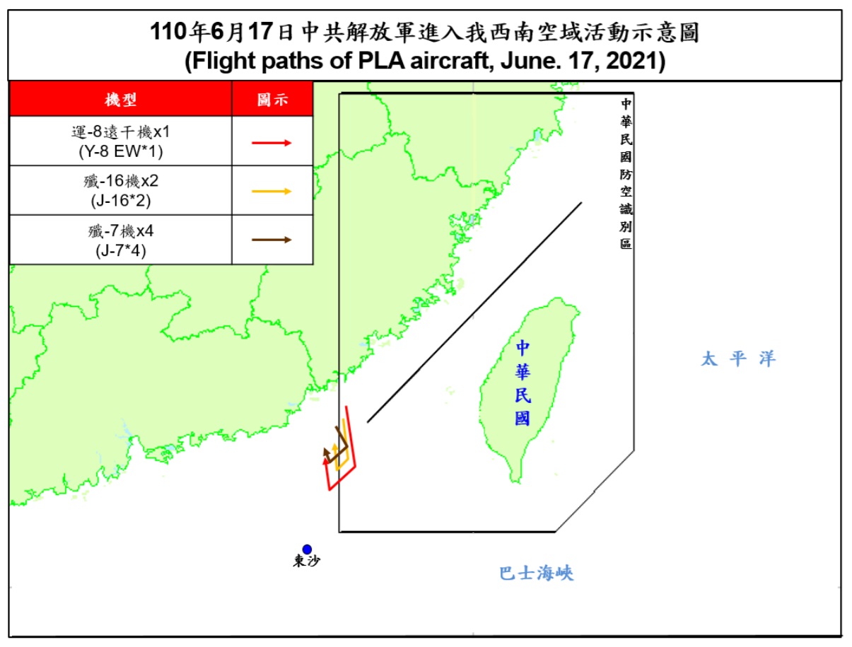 空軍17日發布共機動態，7架中共軍機(1架運8遠干機、2架殲16、4架殲7)侵擾台灣西南防空識別區。(圖：國防部)