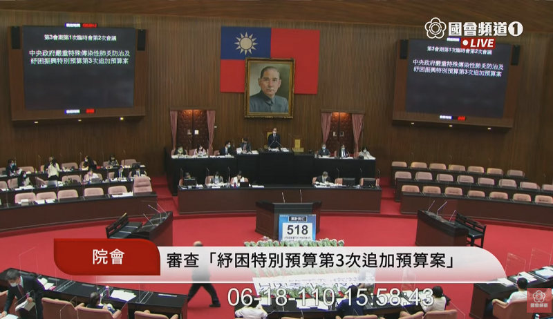 立法院臨時會院會18日三讀通過「紓困4.0」追加預算案。(圖擷自國會頻道)