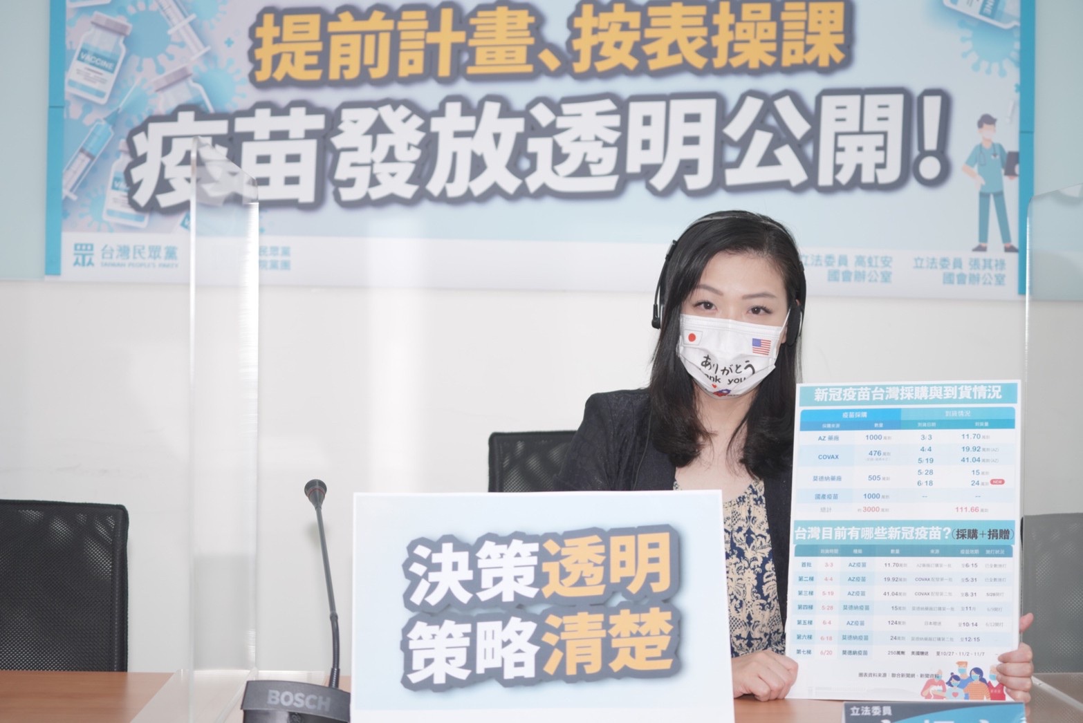 立法院民眾黨團副總召高虹安22日表示，建議中央將配發疫苗的公式制定標準及依據說明清楚，以昭公信。(民眾黨團提供)