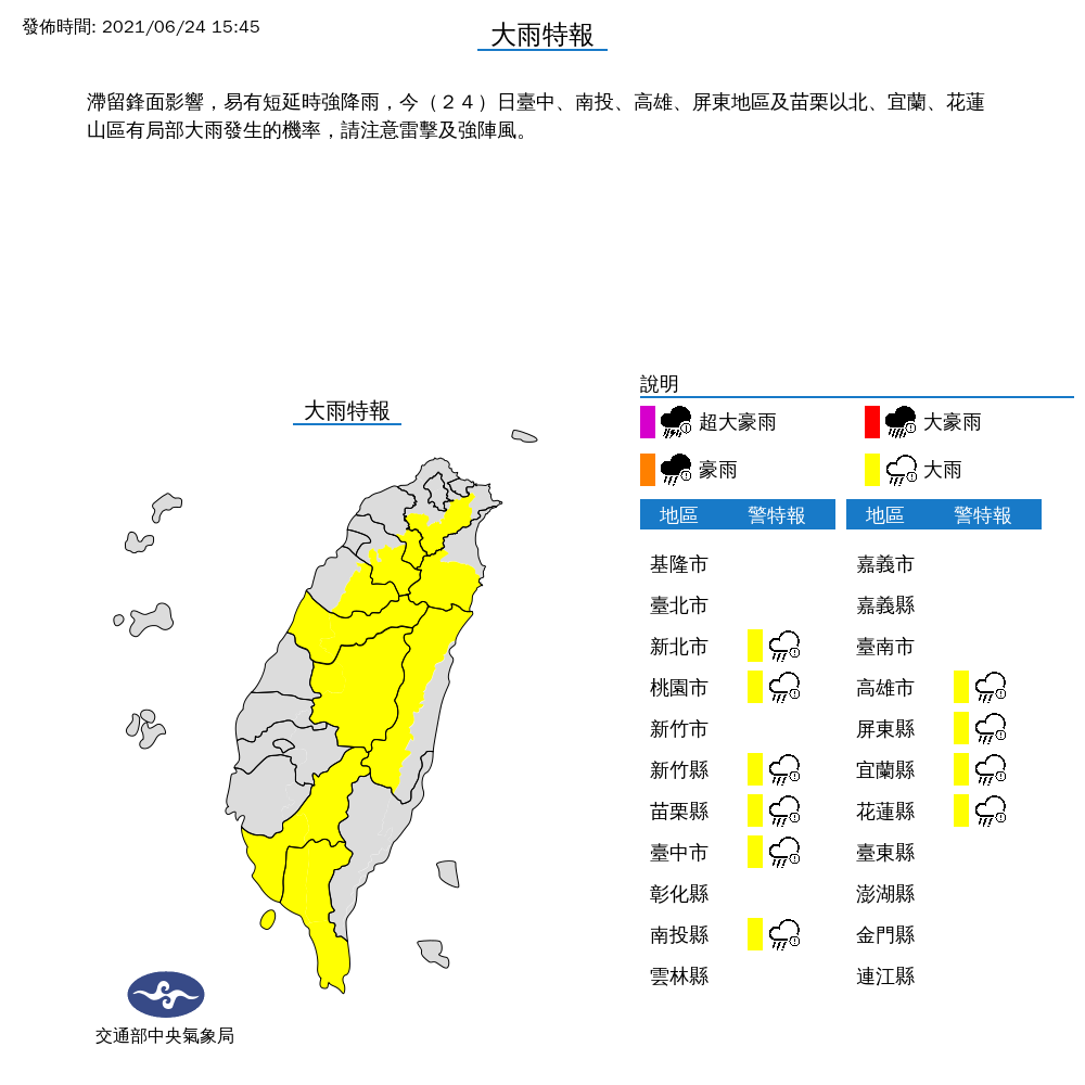受滯留鋒面影響，中央氣象局24日針對新北市等10縣市發出大雨特報，提醒民眾要注意瞬間大雨。(圖:中央氣象局)