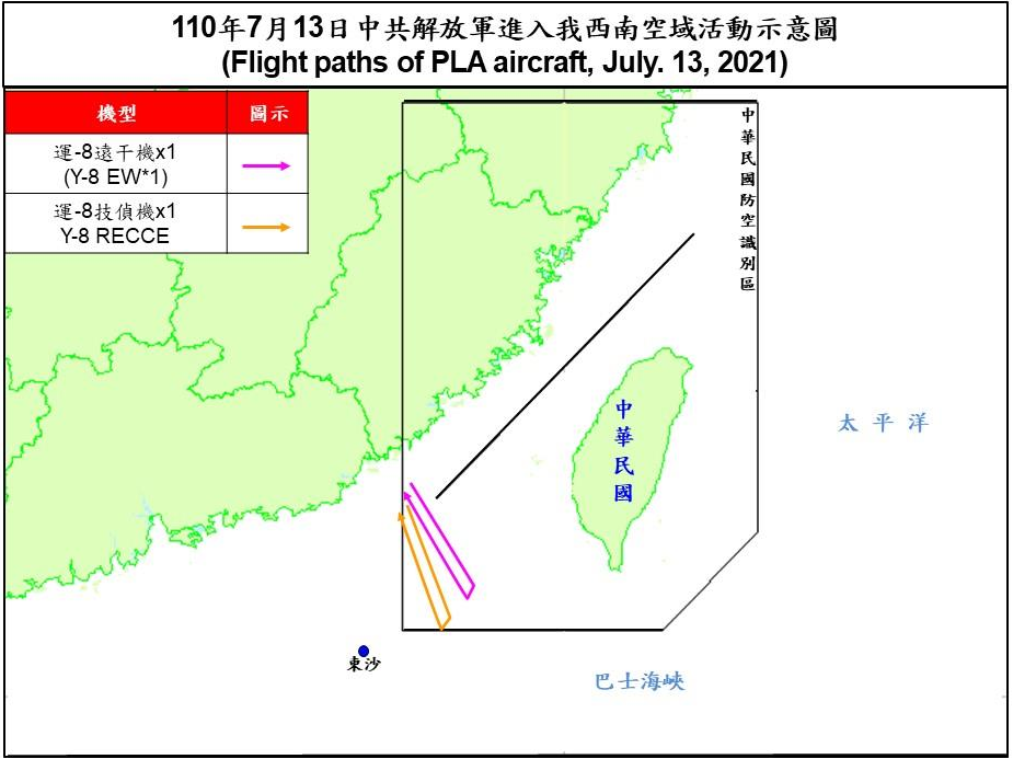 空軍13日發布共機動態，共軍1架運8遠程電子干擾機、1架運8技術偵察機上午侵擾台灣西南防空識別區(ADIZ)。(圖:國防部)
