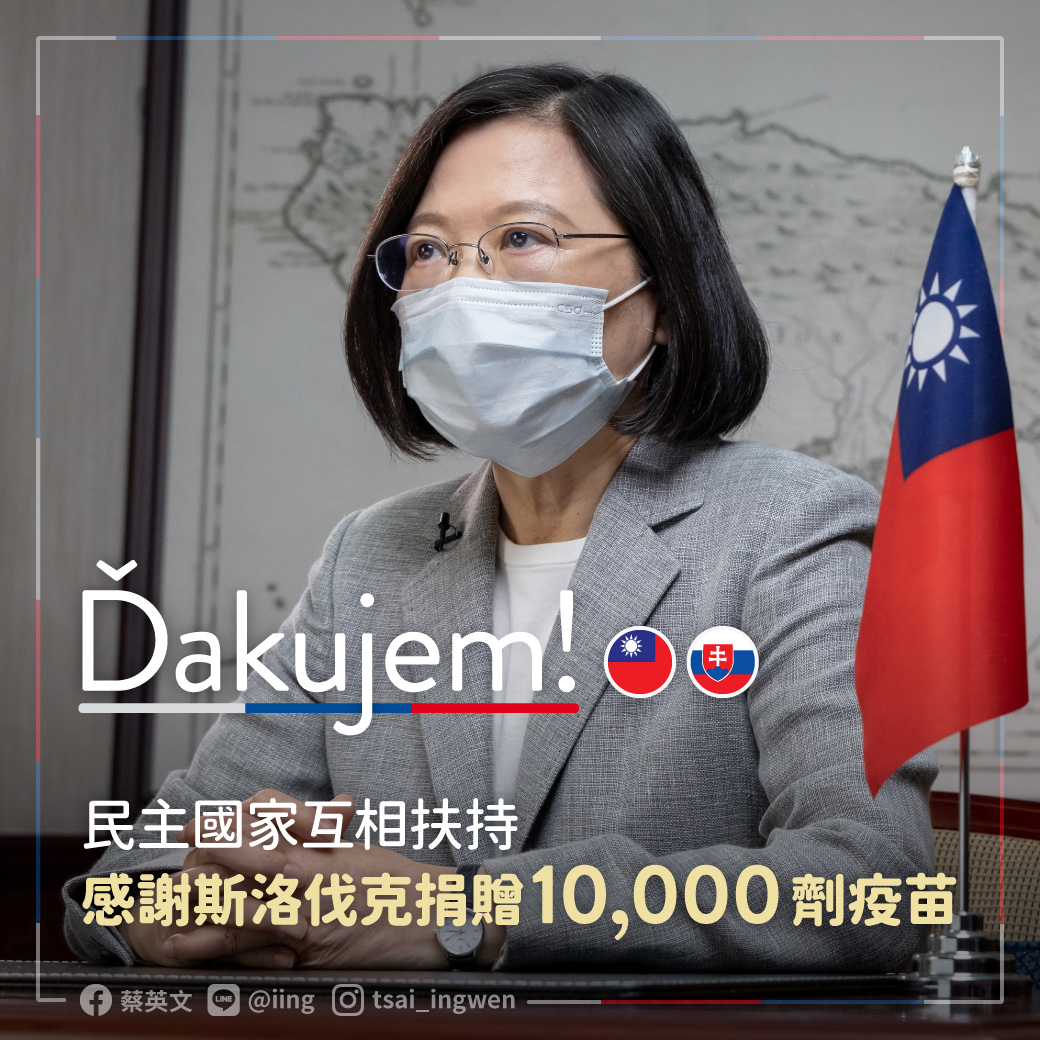 蔡英文總統17日在臉書發文表示，繼美國、日本及立陶宛後，斯洛伐克也宣布將捐贈1萬劑疫苗給台灣，她要向斯洛伐克總統查普托娃(Zuzana Čaputová)和政府表達最深的感謝。(圖：蔡英文臉書)