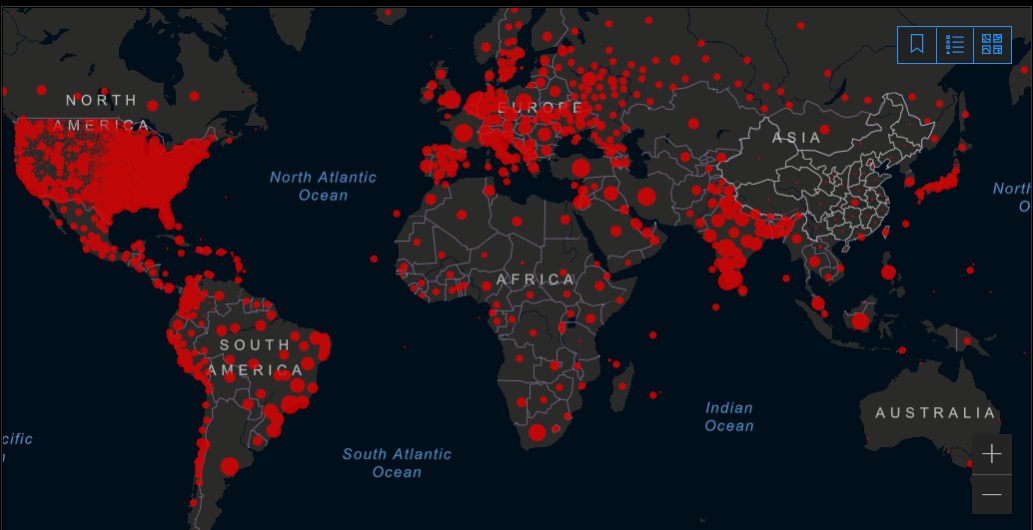 截至19日晚間6時，全球至少409萬3263人死於COVID-19，至少1億9033萬3380例確診。(圖擷自約翰霍普金斯大學)