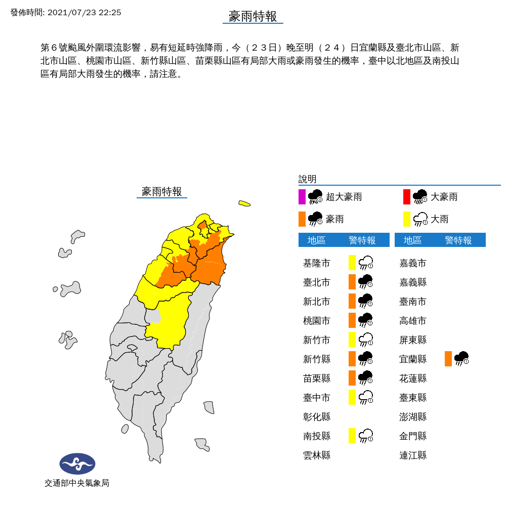 中央氣象局23日指出，雖然中颱烟花目前發布陸警機率低，但23日入夜至明天清晨，北台灣、中部及南部山區可能有局部大雨或豪雨發生，提醒民眾留意。(圖:中央氣象局)