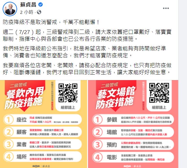 蘇貞昌：防疫降級非取消警戒 千萬不能鬆懈(圖取自蘇貞昌臉書)