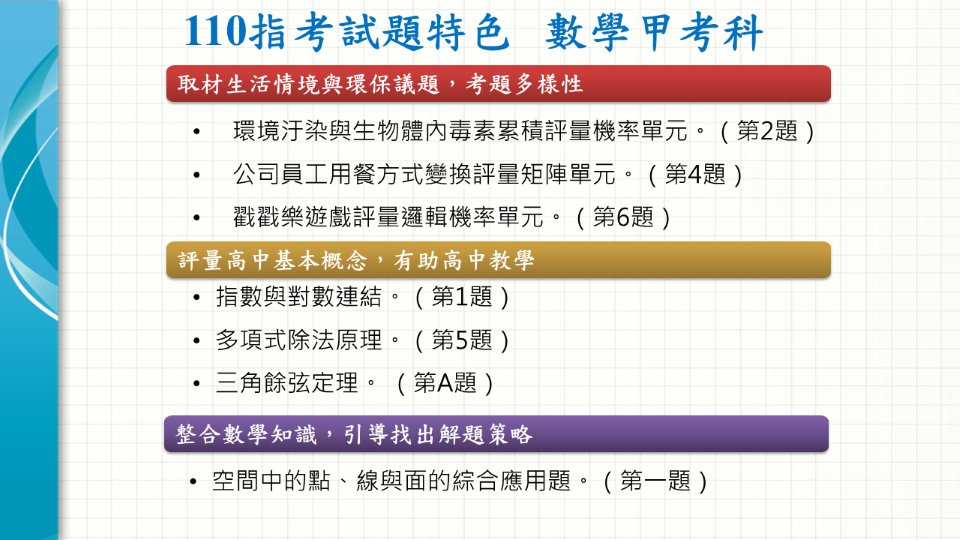 大考中心彙整今年指考數學甲的試題特色。(大考中心提供)