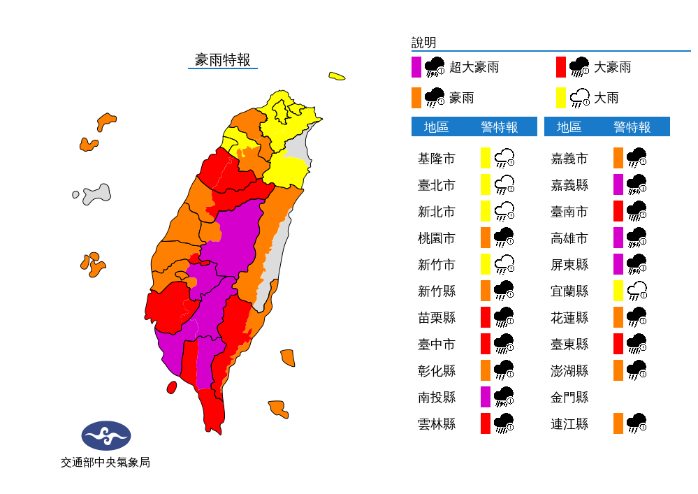 中央氣象局7日針對台北市等全台21縣市發出豪雨或大雨特報。(圖：中央氣象局)