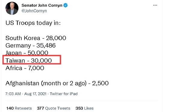 美參議員柯寧（John Cornyn）推文提及美國「3萬兵力駐台」，觸動中國官媒敏感神經。（推特）