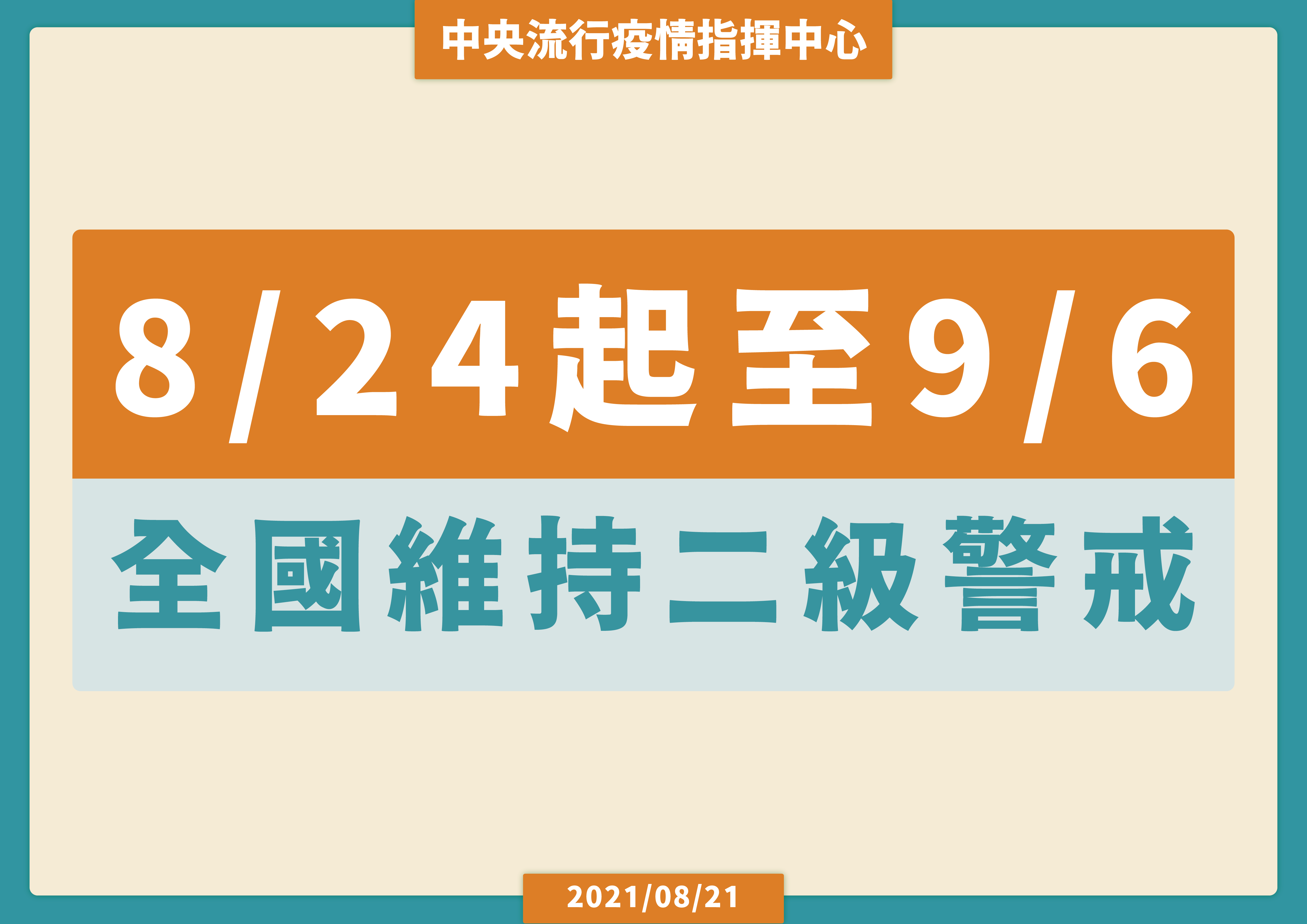 指揮中心宣布，自8月24日至9月6日維持疫情警戒標準為第二級，並將維持或調整相關管制規定。(指揮中心提供)