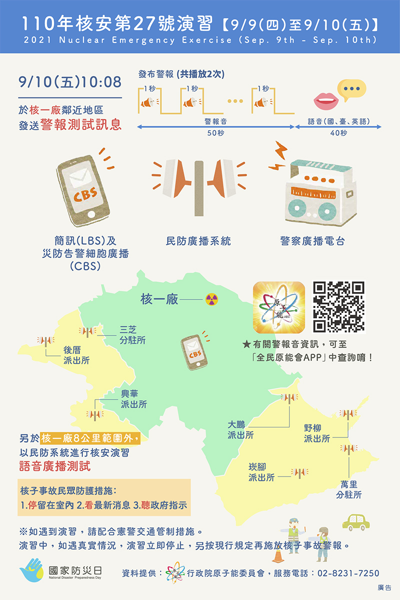 原子能委員會6日指出，110年核安第27號演習實兵演練將於9月9日至10日於核能一廠週邊舉行。(圖:原能會)