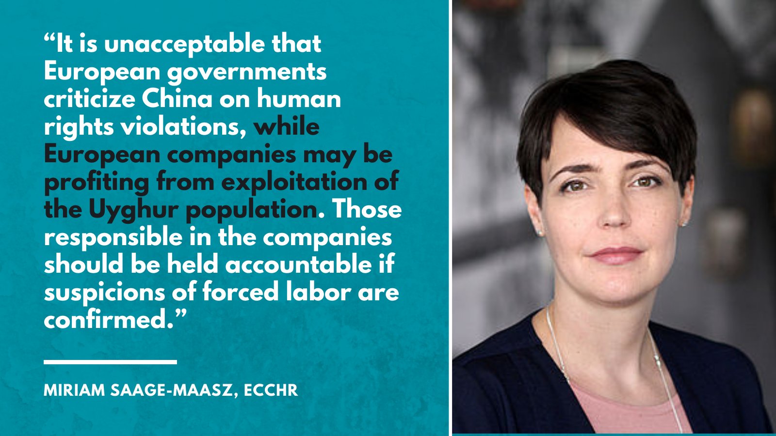 非營利人權組織「歐洲憲法與人權中心」(European Center for Constitutional and Human Rights，ECCHR)6日表示，他們已在德國對5家知名零售商提出刑事訴訟，指控他們從中國維吾爾人的強迫勞動中獲益。(圖:ECCHR/Twitter)