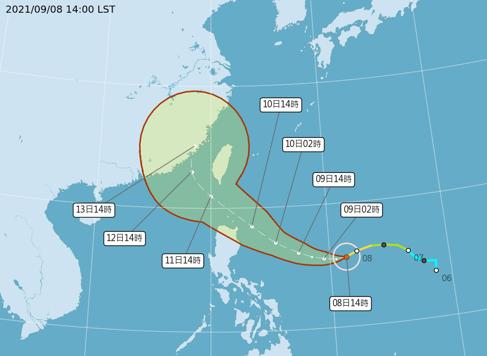 氣象局表示，璨樹離強颱「只有一步門檻」，預計9日晚間或10日清晨會發布海上颱風警報。(圖：中央氣象局)