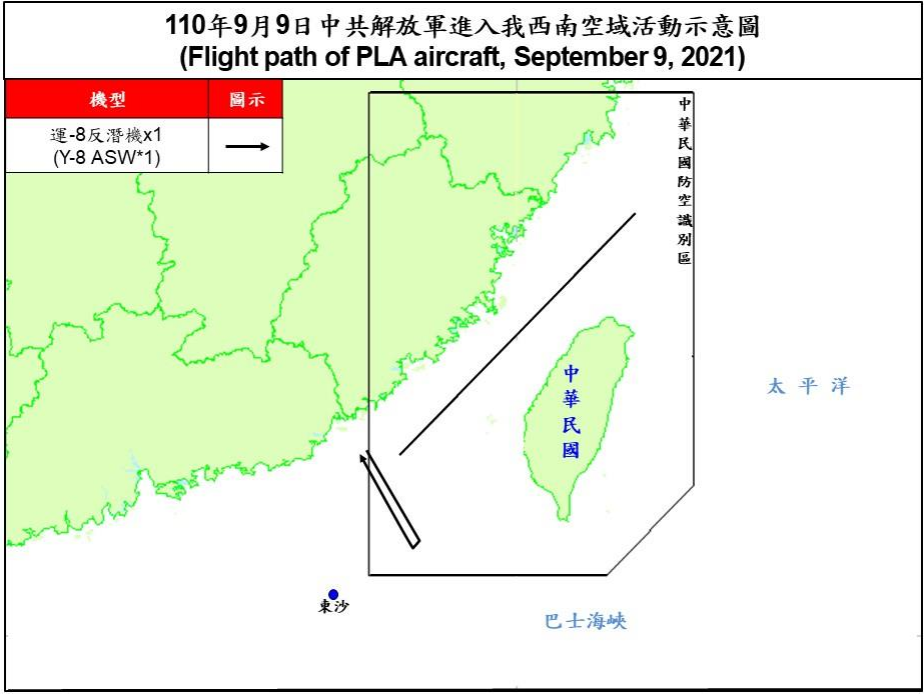 空軍9日發布共機動態，共軍1架運8反潛機下午侵擾台灣西南防空識別區。(圖：國防部)