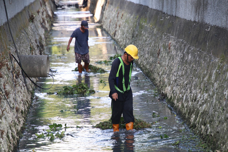 颱風璨樹來勢洶洶，高雄市水利局10日下午趁著天氣尚佳，派員將溝渠內雜草、樹幹等清理裝袋，以利風雨來時排水順暢。 (圖：中央社)
