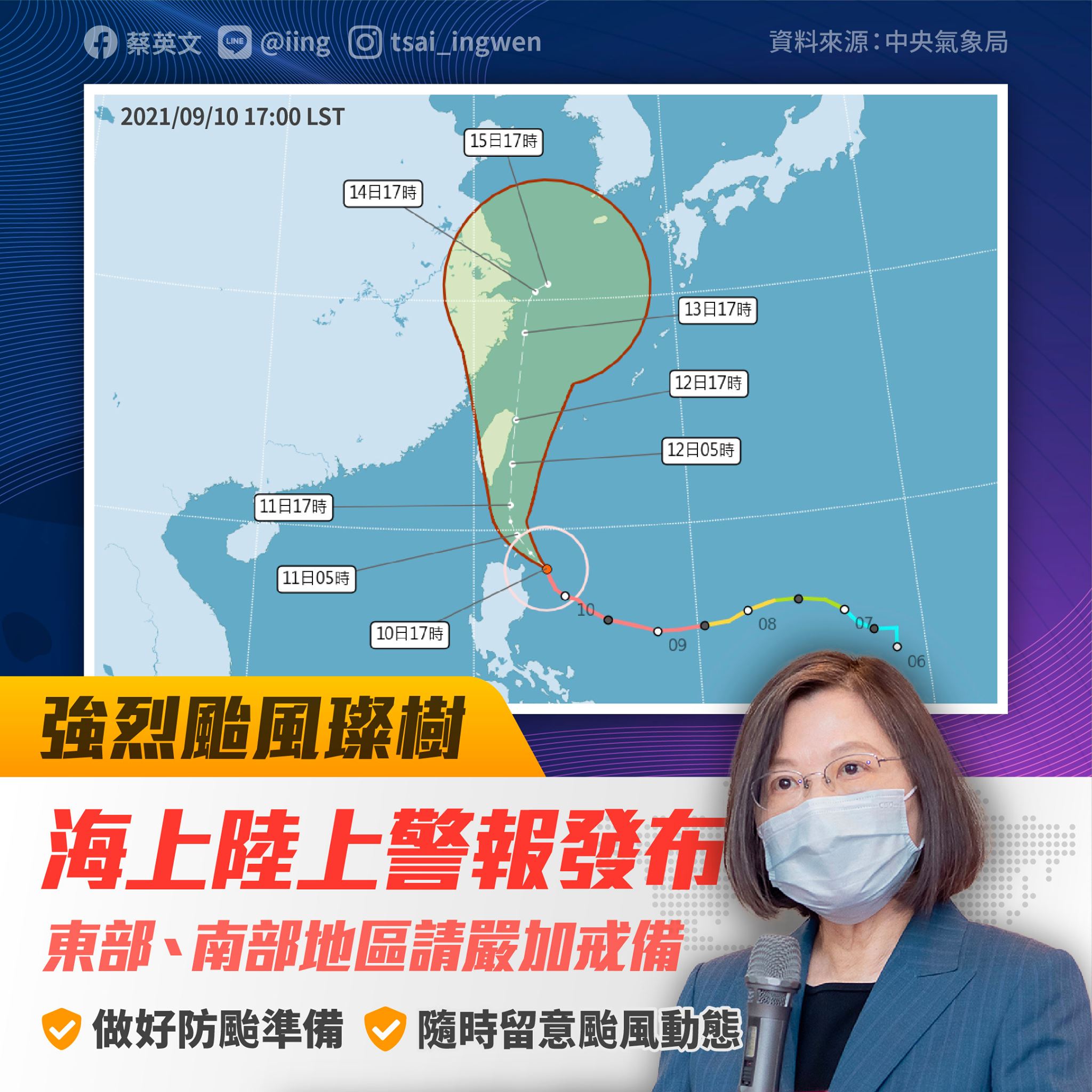 蔡英文總統10日表示，強烈颱風璨樹的海上、陸上警報已經發布，各部會進駐中央災害應變中心，持續加強防災整備工作，也請大家做好防颱準備。(圖:蔡總統臉書)