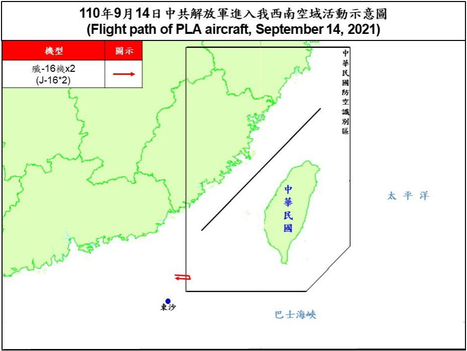空軍14日發布共機動態，共軍2架殲16下午侵擾台灣西南防空識別區(ADIZ)。(圖:國防部)