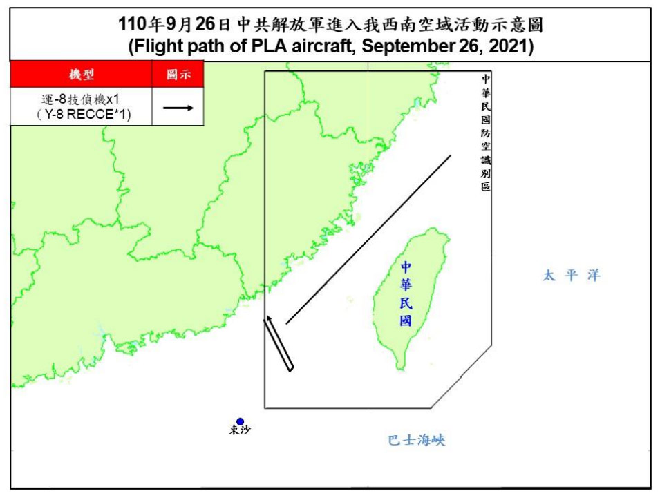 空軍26日晚間發布共機動態，共軍1架運8技偵機上午侵擾台灣西南防空識別區(ADIZ)。(國防部提供)