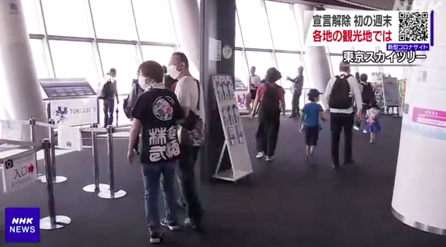 日本解除緊急事態宣言後的首個週末，民眾紛紛走出家門，各地風景區出現人潮。圖為晴空塔家庭遊客增加。（圖：翻攝NHK新聞畫面）