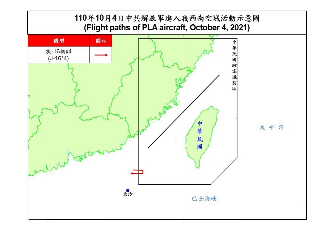 空軍今(4日)晚10時50分第二度發布共機動態，又有4架殲16戰機在夜間擾台，加上白天52架各型戰機，今天共56架共機擾台灣西南防空識別區（ADIZ）。 (圖:國防部)