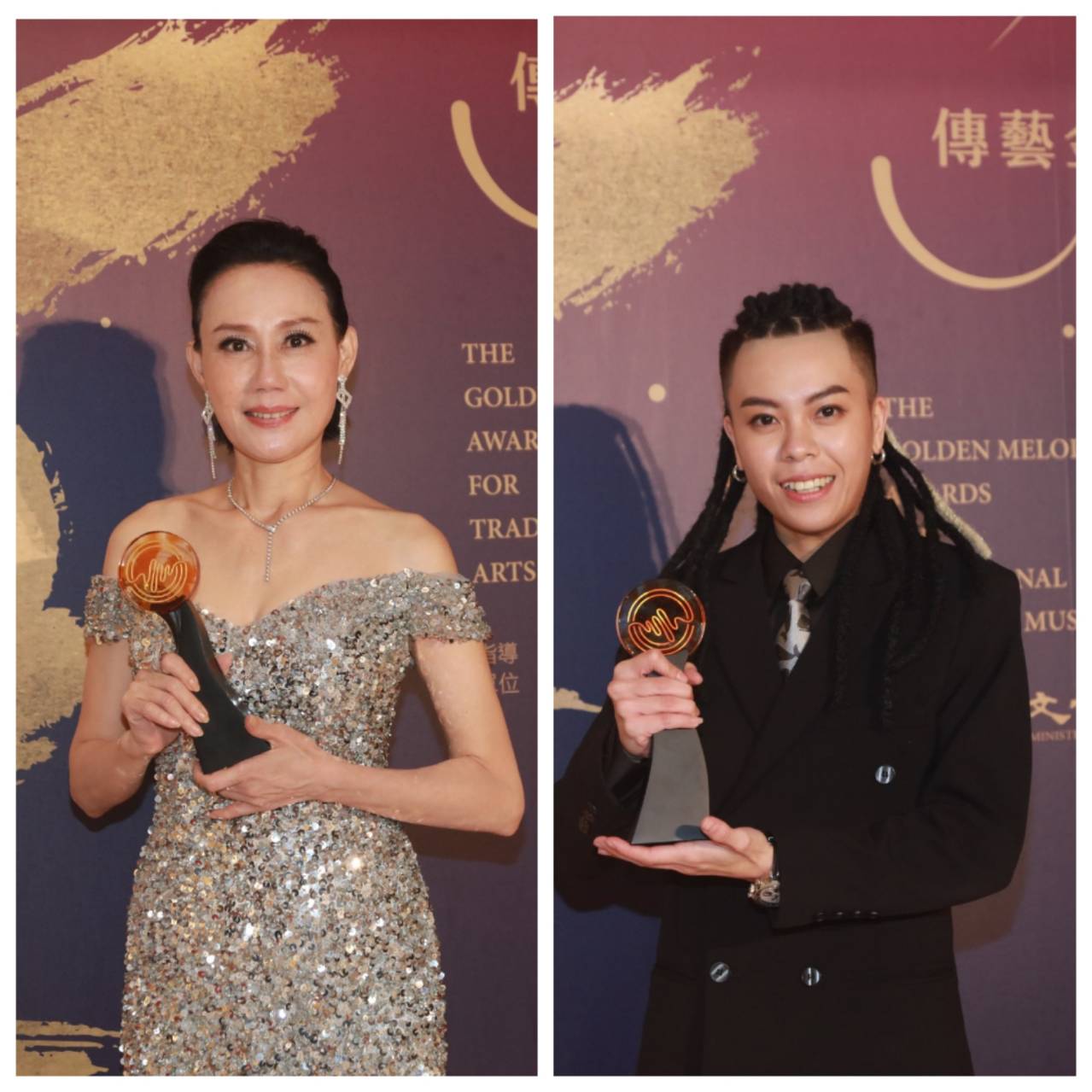 郭春美(左)與孫凱琳(右)這對歌仔戲母女檔，憑《雨中戲台》一劇，分別拿下第32屆傳藝金曲獎最佳個人表演新秀獎與最佳演員獎，母女同時鍍金，成為佳話。(傳藝金曲提供)