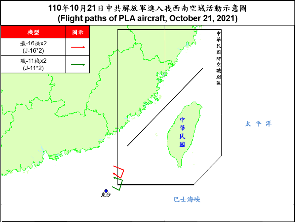 空軍21日晚上發布共機動態，4架共機(2架殲16戰機、2架殲11戰機)白天侵擾台灣西南防空識別區。(圖：國防部)