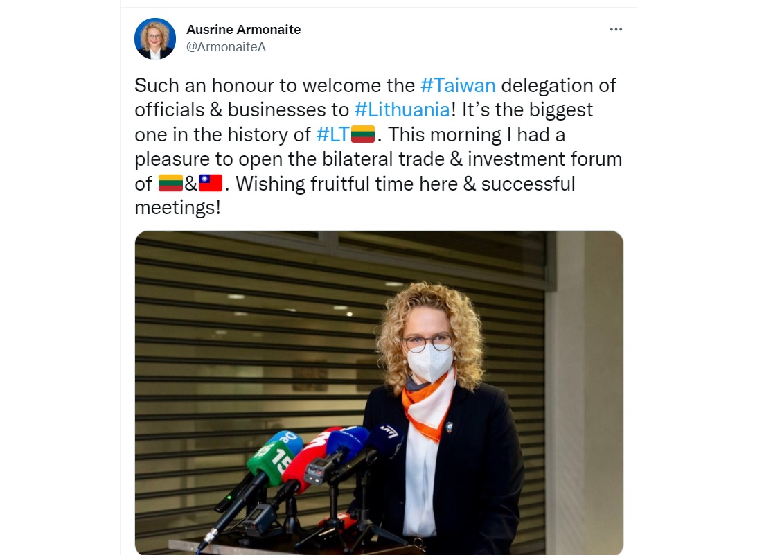 國發會主委龔明鑫率領的中東歐經貿考察團26日抵立陶宛訪問，立陶宛經濟暨創新部長阿爾莫奈特（Aušrinė Armonaitė）推文表示歡迎。 (圖:推特)