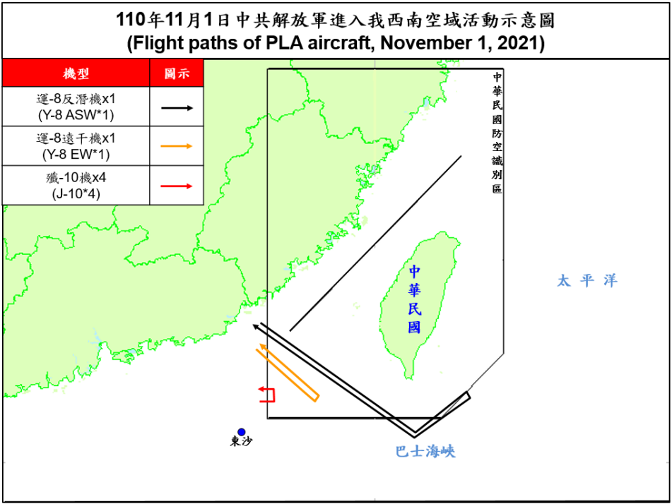 空軍1日晚上發布共機動態，6架共機白天侵擾台灣西南防空識別區(ADIZ)。(圖:國防部)