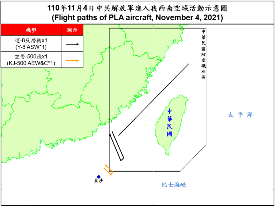 空軍4日傍晚發布共機動態，2架共機(1架運8反潛機、1架空警500預警機)白天侵擾台灣西南防空識別區(ADIZ)。(圖:國防部)