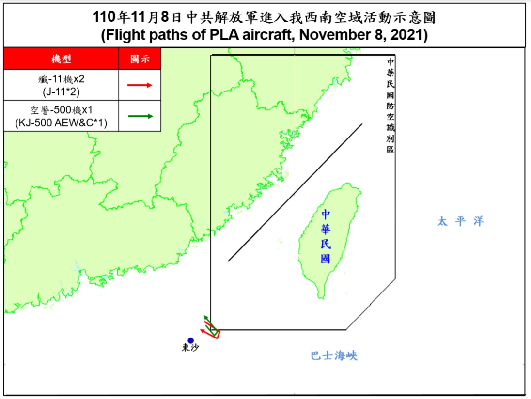空軍8日發布共機動態，3架共機白天侵擾台灣西南防空識別區。(圖：國防部)