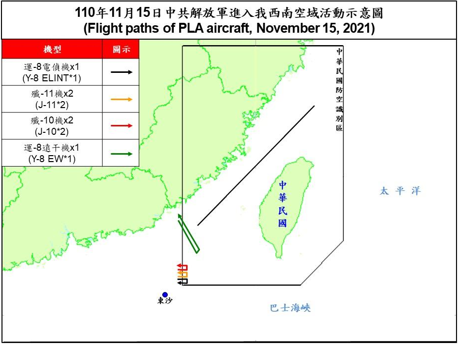 空軍15日晚上發布共機動態，6架共機白天侵擾台灣西南防空識別區(ADIZ)。(圖:國防部)