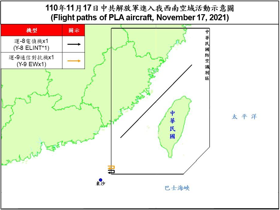 空軍17日傍晚發布共機動態，2架共機白天侵擾台灣西南防空識別區(ADIZ)。(圖:國防部)