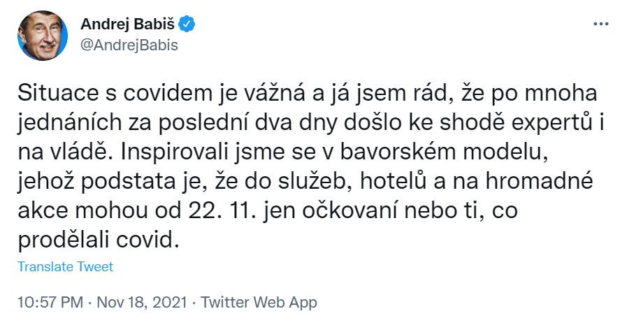 捷克總理巴比斯(Andrej Babis)推文說，將採新防疫措施。 (圖:推特)