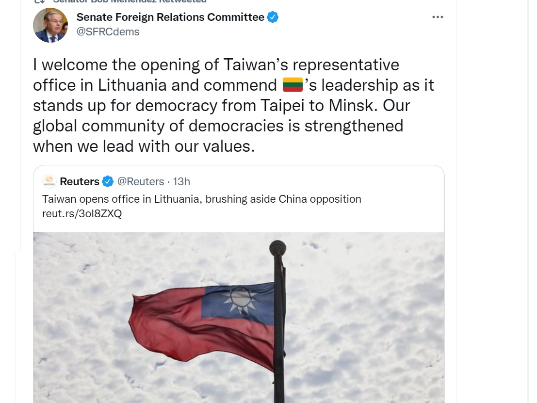 美國參議院外交委員會主席梅南德茲推文歡迎駐立陶宛台灣代表處的成立。 (圖:推特)