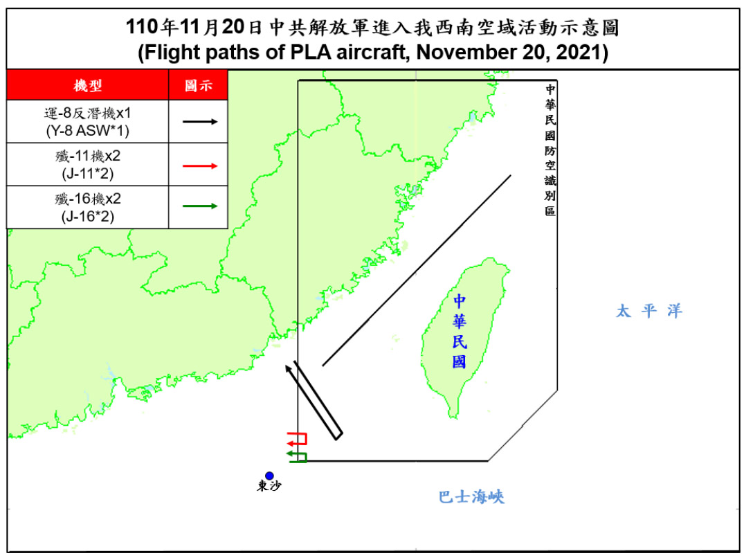 空軍20日晚發布共機動態，5架共機白天侵擾台灣西南防空識別區。(翻攝自國防部官網)