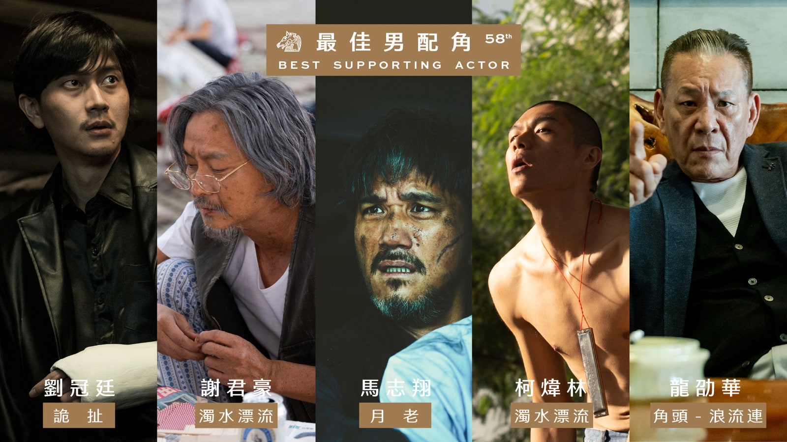第58屆金馬獎最佳男配角五位入圍者中有3位台灣演員和2位香港演員，台港廝殺，獎落誰家受到高度關注。(金馬執委會提供)