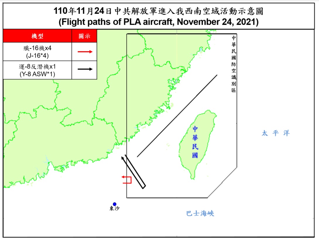 空軍24日晚間發布共機動態，5架共機白天侵擾台灣西南防空識別區。(圖：國防部)