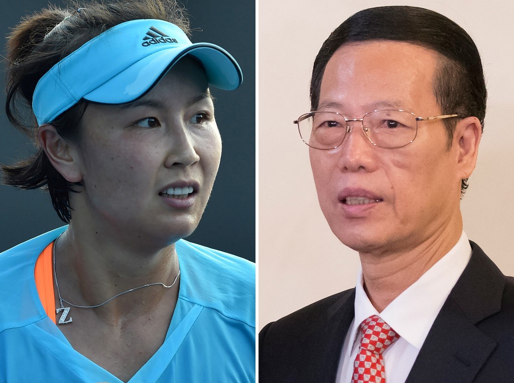 前中共政治局常委、前中國國務院副總理張高麗(右)；中國女網名將彭帥。(AFP)