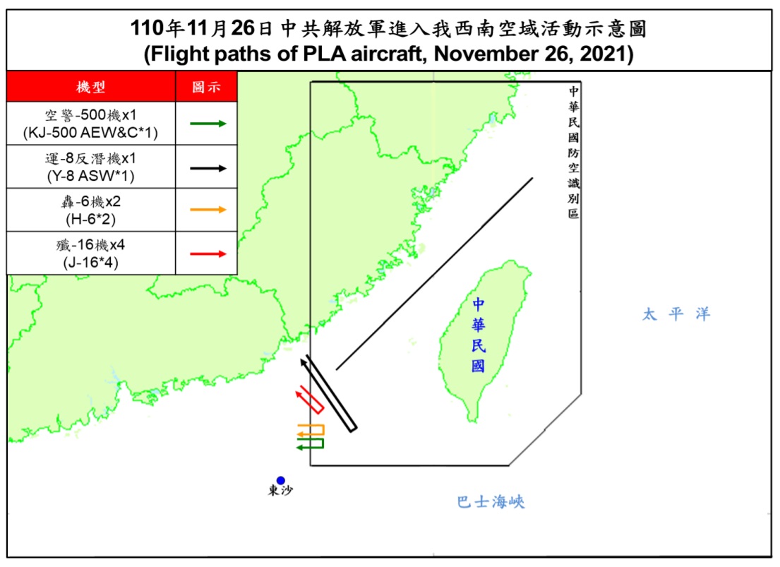 空軍26日發布共機動態，8架共機兵分四路侵擾台灣西南防空識別區。(圖：國防部)