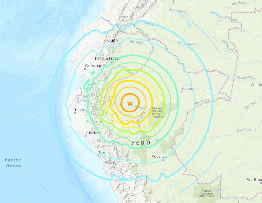 秘魯北部28日發生規模7.5的強震，沒有發布海嘯警報。(USGS)