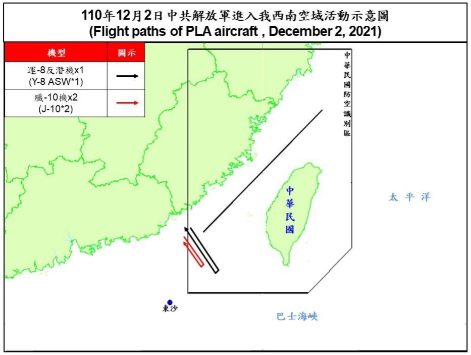 空軍2日晚間發布共機動態，3架共機白天侵擾台灣西南防空識別區。(圖：國防部)